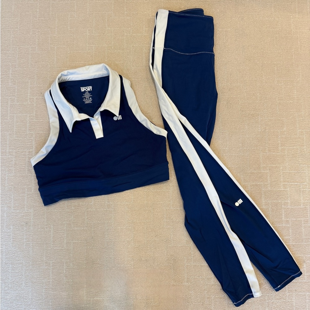 Solid + Striped Blue and White Set (Top large, legging medium)